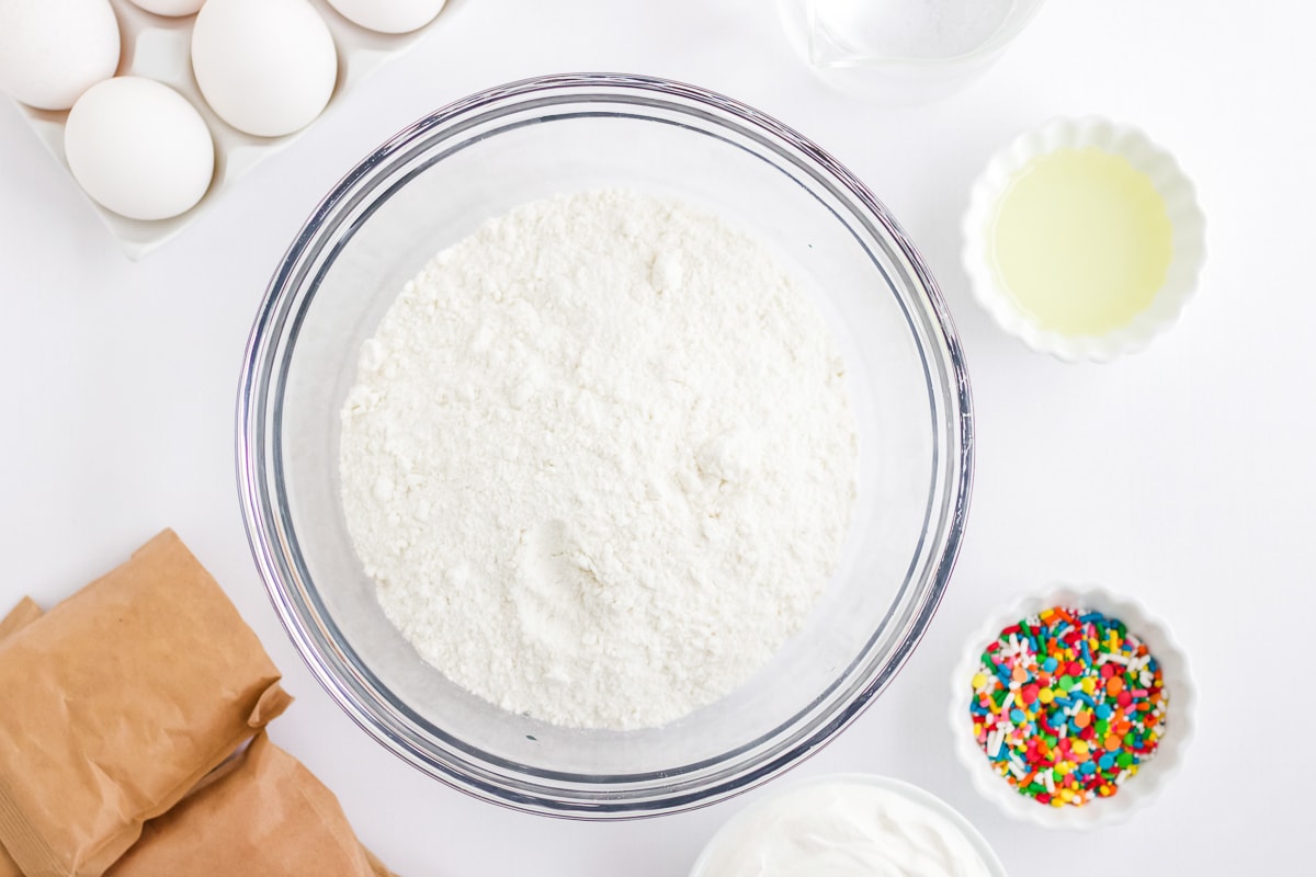 white cake mix in a bowl.