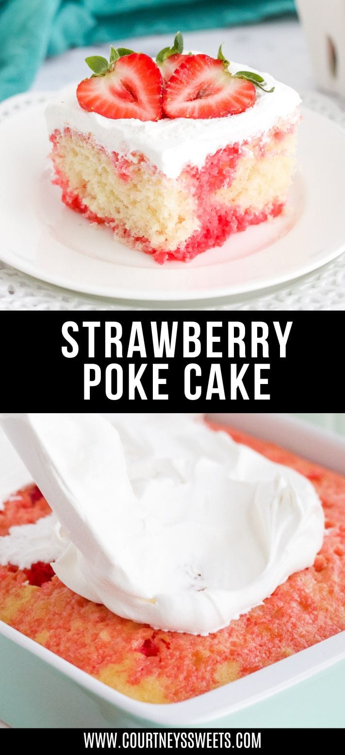 strawberry poke cake on a white plate with strawberry poke cake written on a black banner for pinterest.