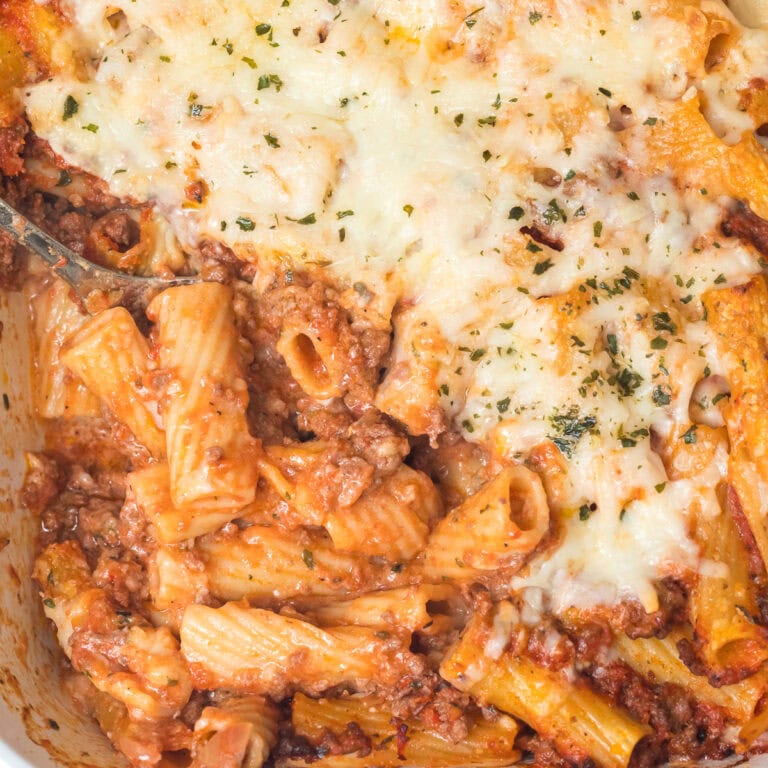 baked ziti without ricotta close up in casserole dish