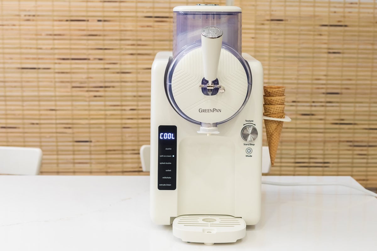 GreenPan Frost Ice Cream & Frozen Treat Maker on a countertop with digital display showing COOL.
