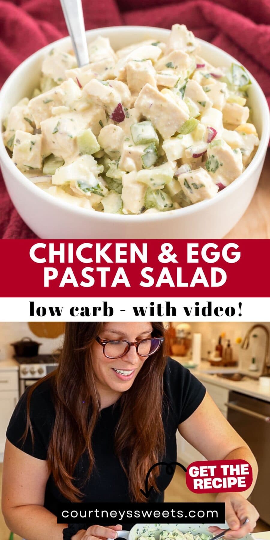 Bowl of creamy chicken and egg pasta salad with chopped chicken, celery, cucumber, and herbs mixed in a light dressing, labeled “Chicken & Egg Pasta Salad – Low Carb with Video!”