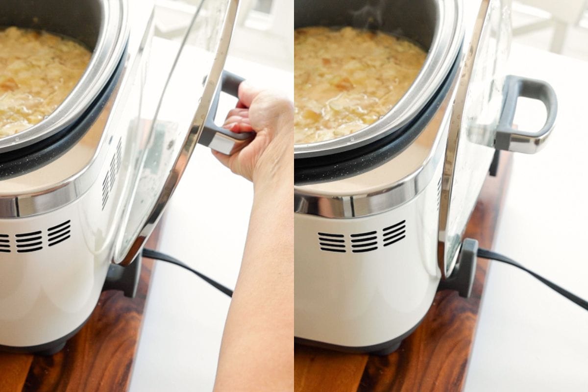Split photo showing a hand placing the lid onto a GreenPan slow cooker on the left, and the lid resting securely in the built-in holder on the right while chicken pot pie cooks inside.