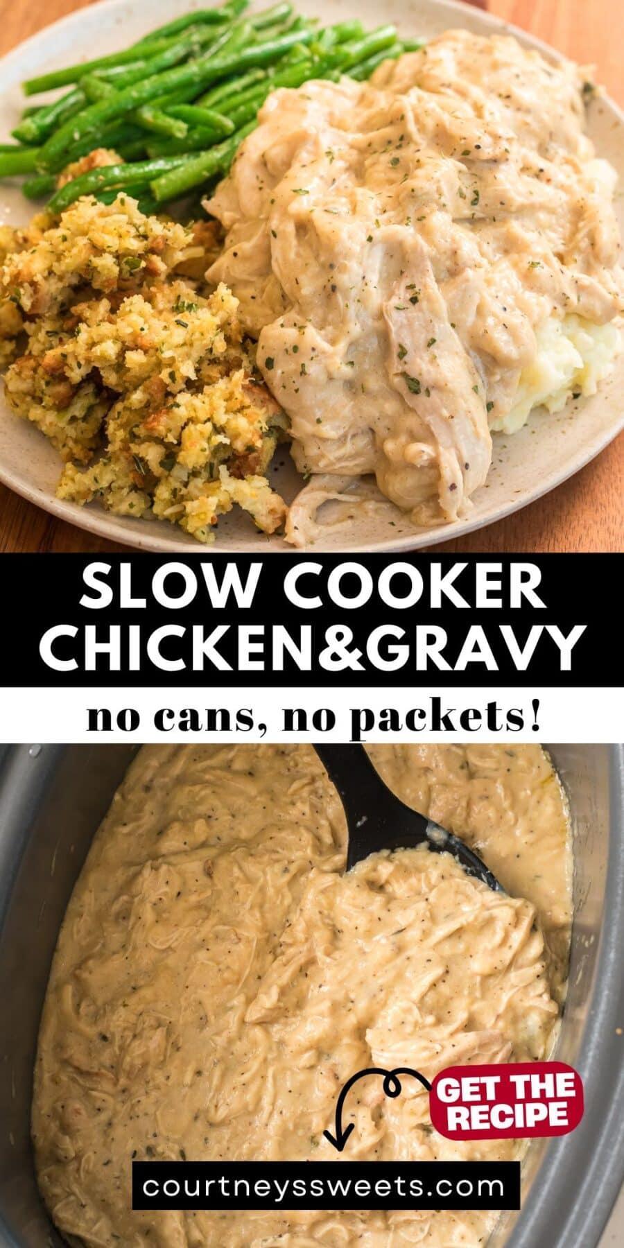 Plate of slow cooker chicken and gravy served with stuffing and green beans, plus creamy chicken gravy in a crockpot. Text overlay says “Slow Cooker Chicken and Gravy No Cans No Packets”