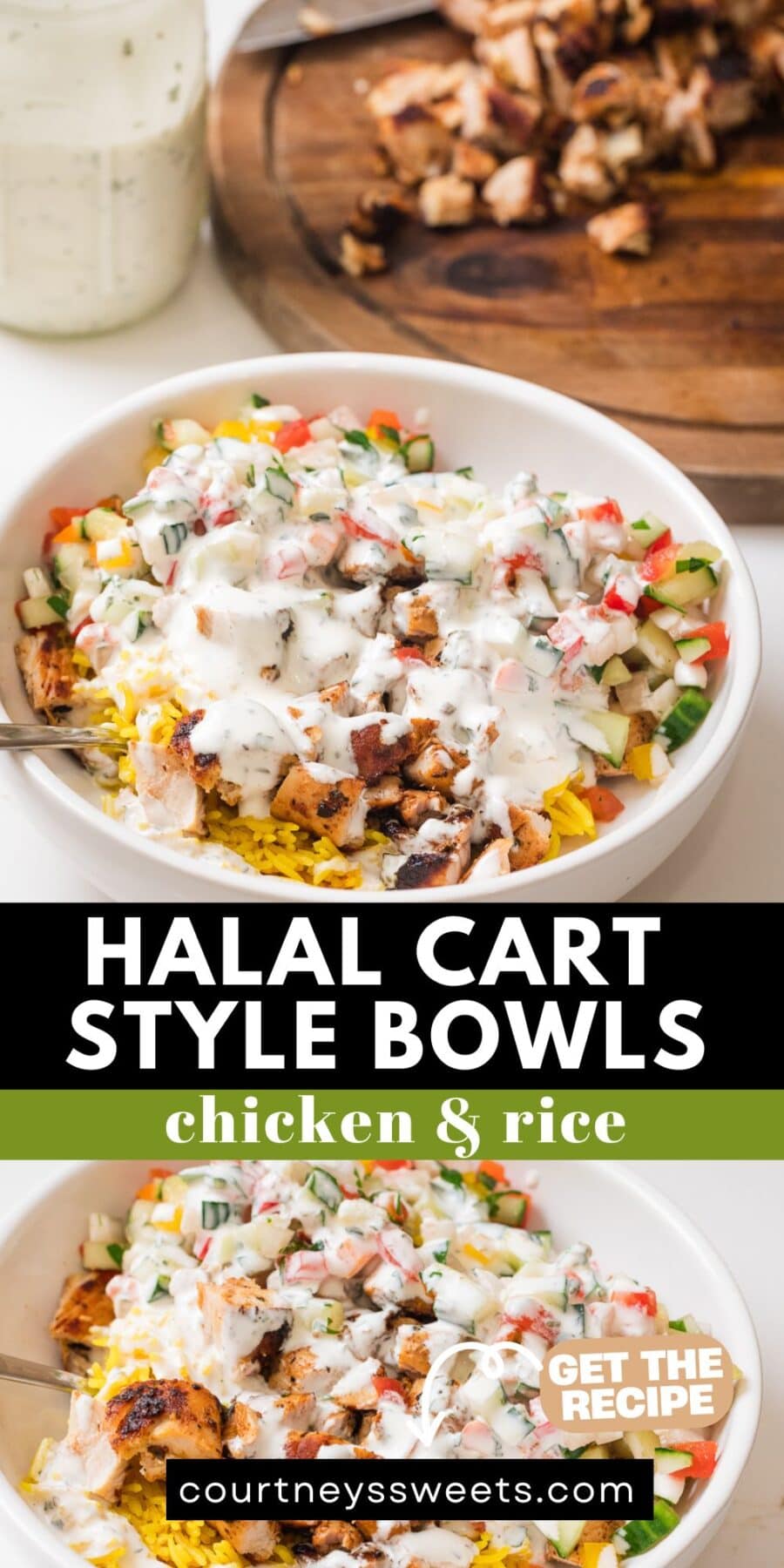 halal cart chicken, yellow rice, middle eastern salad, and white sauce in a bowl, pinterest image.