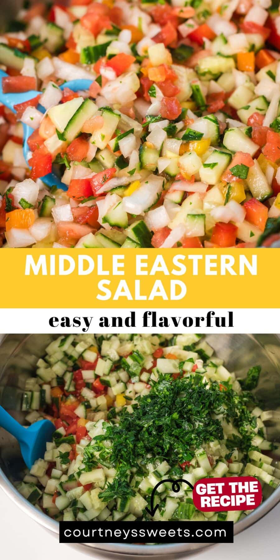 middle eastern salad in a stainless steel bowl pinterest image.