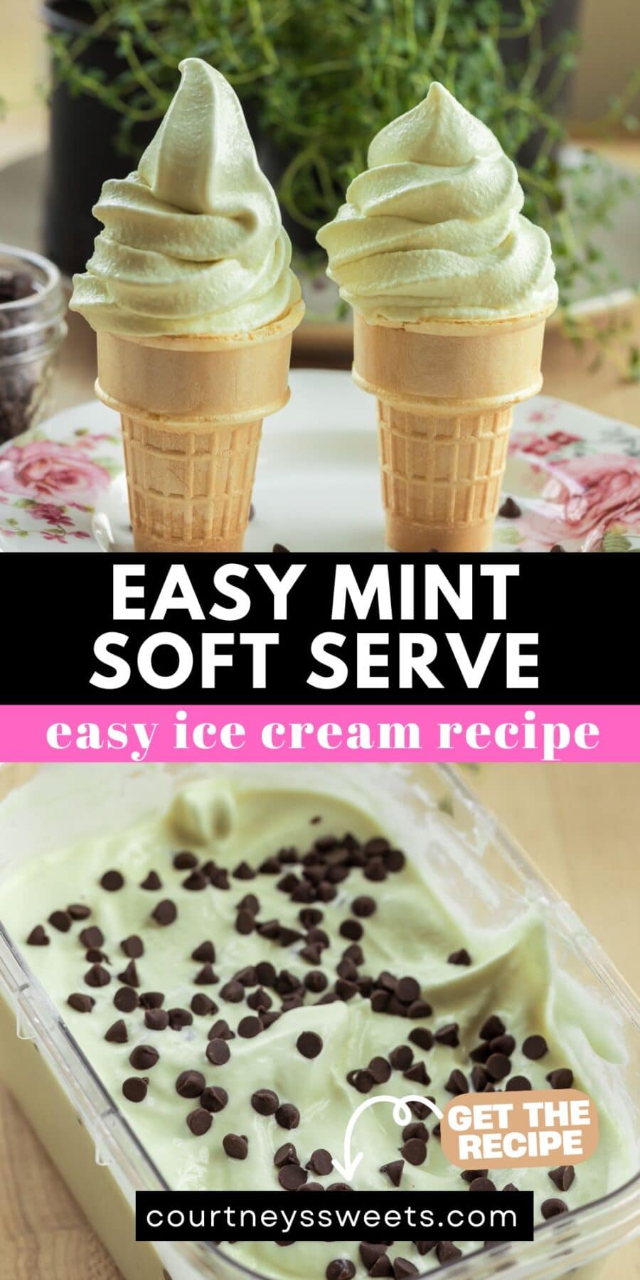 mint soft serve in ice cream cones and then in a container with chocolate chips for min chocolate chip ice cream.