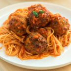 baked chicken meatballs with spaghetti.