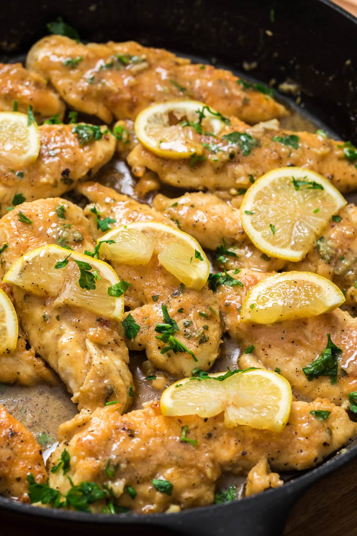 Golden pan-seared chicken tenderloins in a lemon garlic sauce garnished with parsley and lemon slices.
