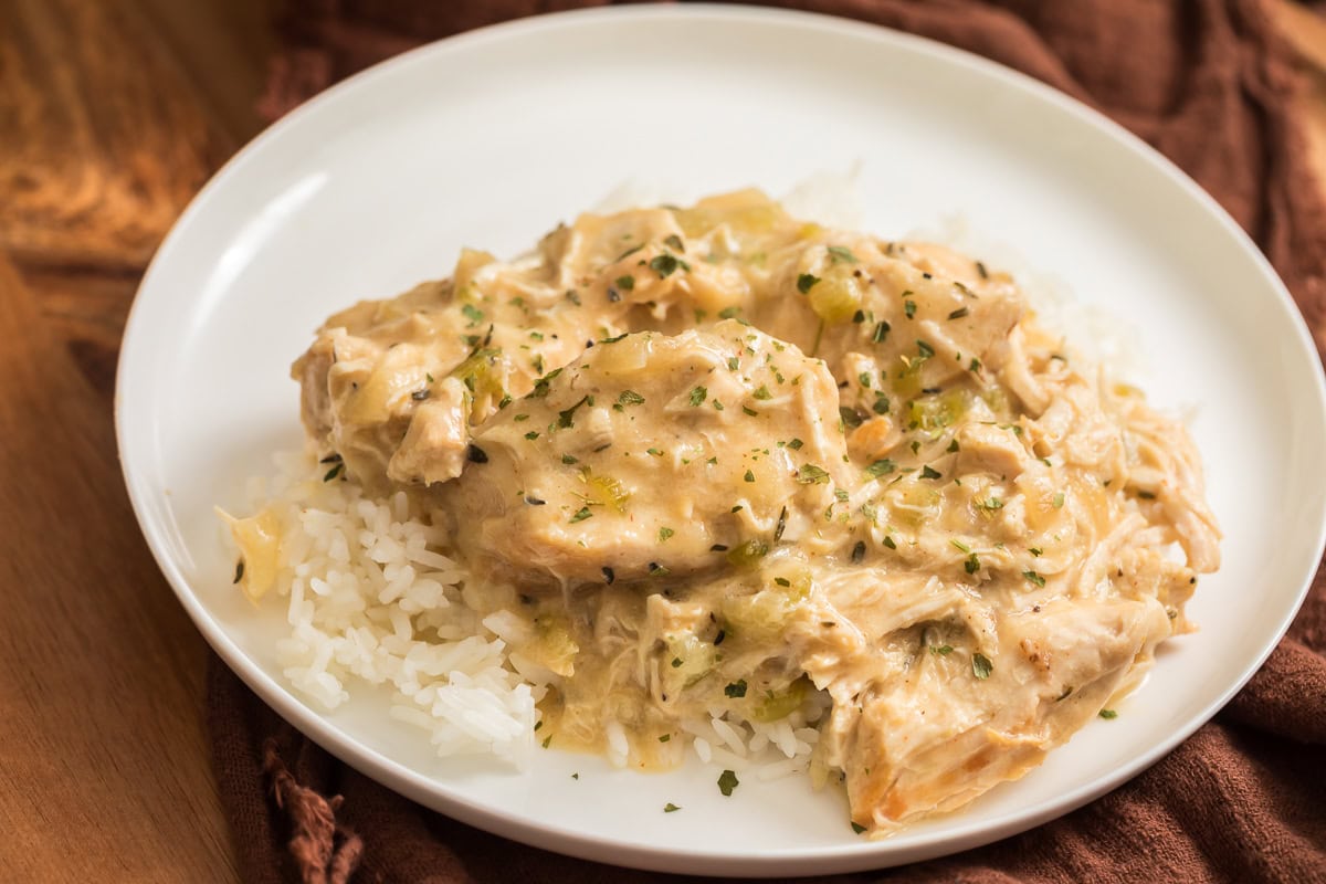 Close up of creamy slow cooker chicken with celery served over rice.
