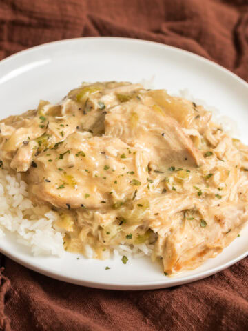 Slow cooker creamy chicken served over jasmine rice on a white plate with a brown napkin.