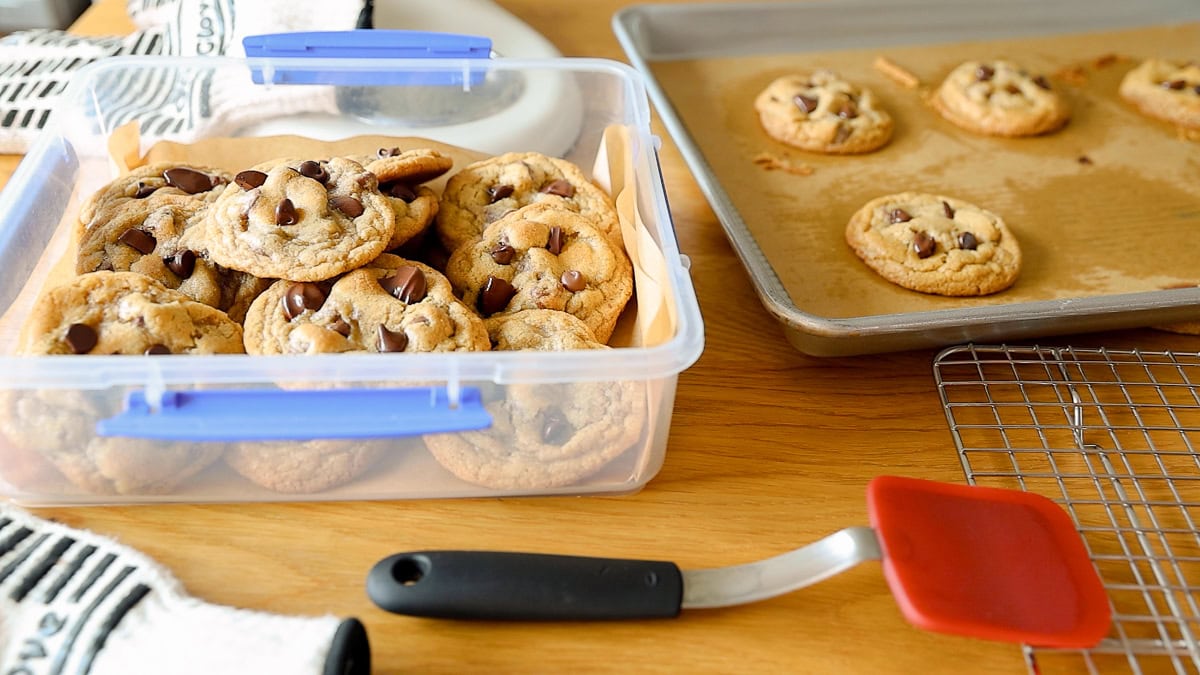 fresh milled chocolate chip cookies in a plastic container next to a baking sheet lined with parchment paper and more cookies.