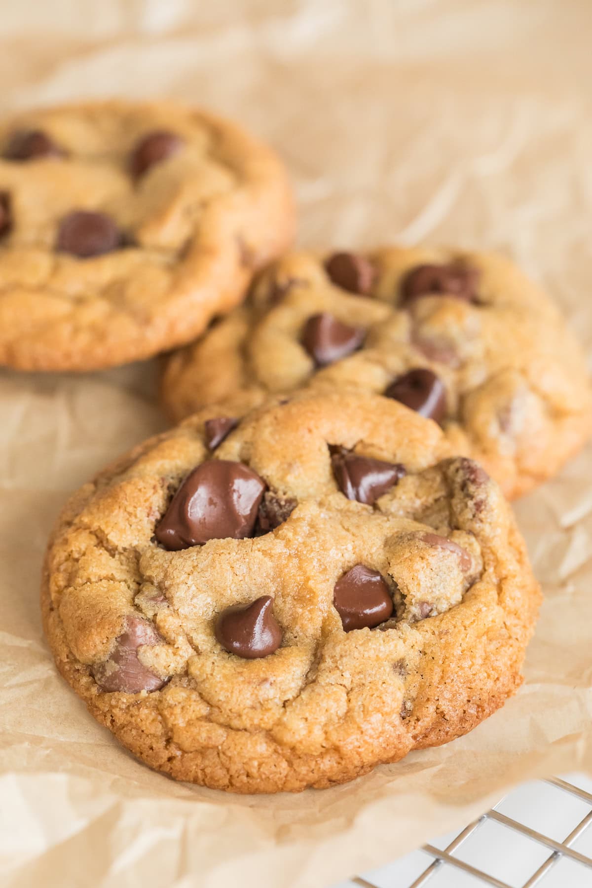 Freshly baked chocolate chip cookies made with fresh milled flour, soft and chewy with melty chocolate chips