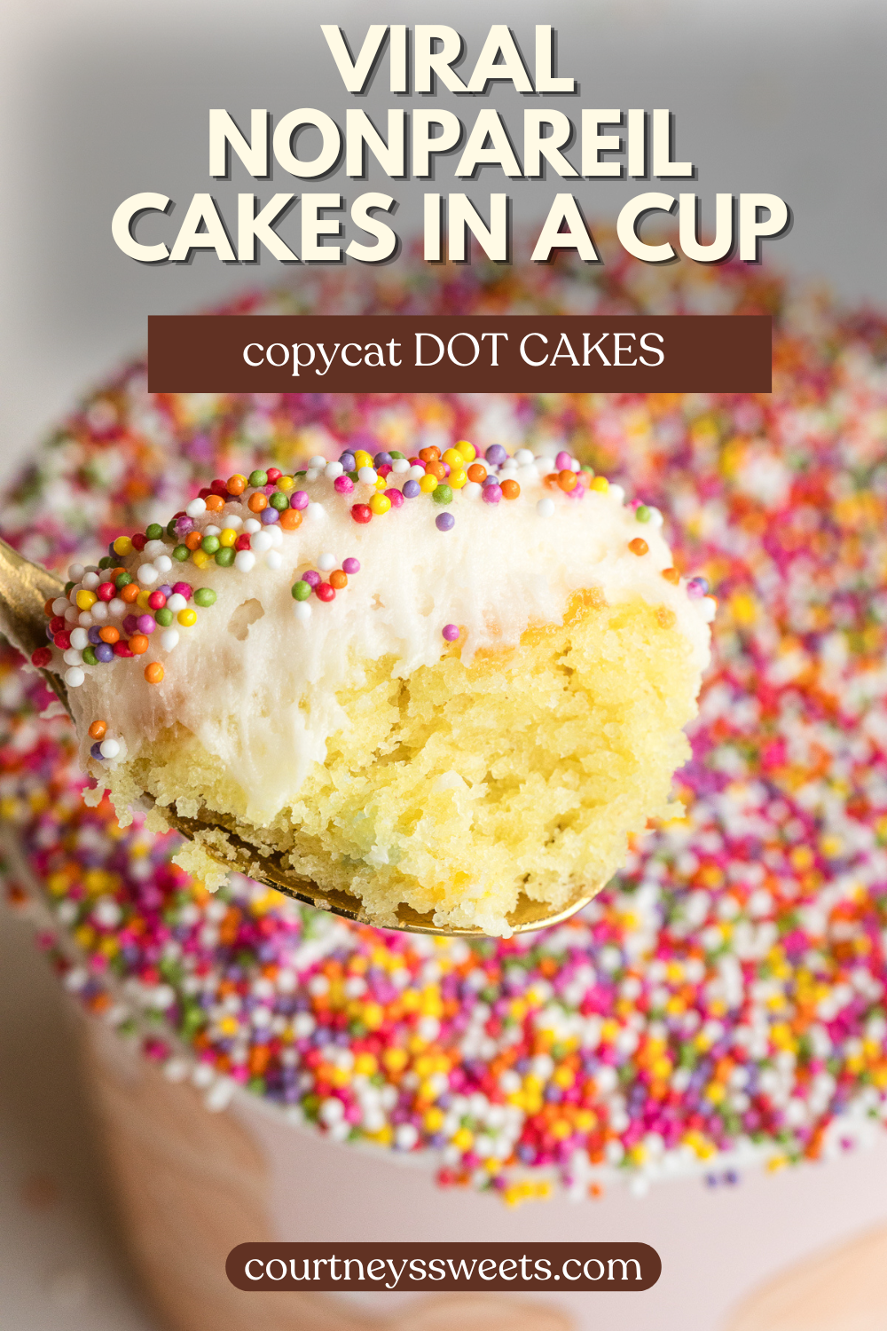 viral sprinkle cake cups like dot cakes with nonpareils spoonful showing a bite from inside with text on image for pinterest.