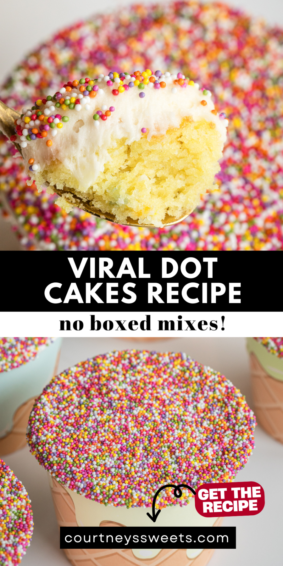 viral sprinkle cake cups like dot cakes with nonpareils spoonful showing a bite from inside with text on image for pinterest.