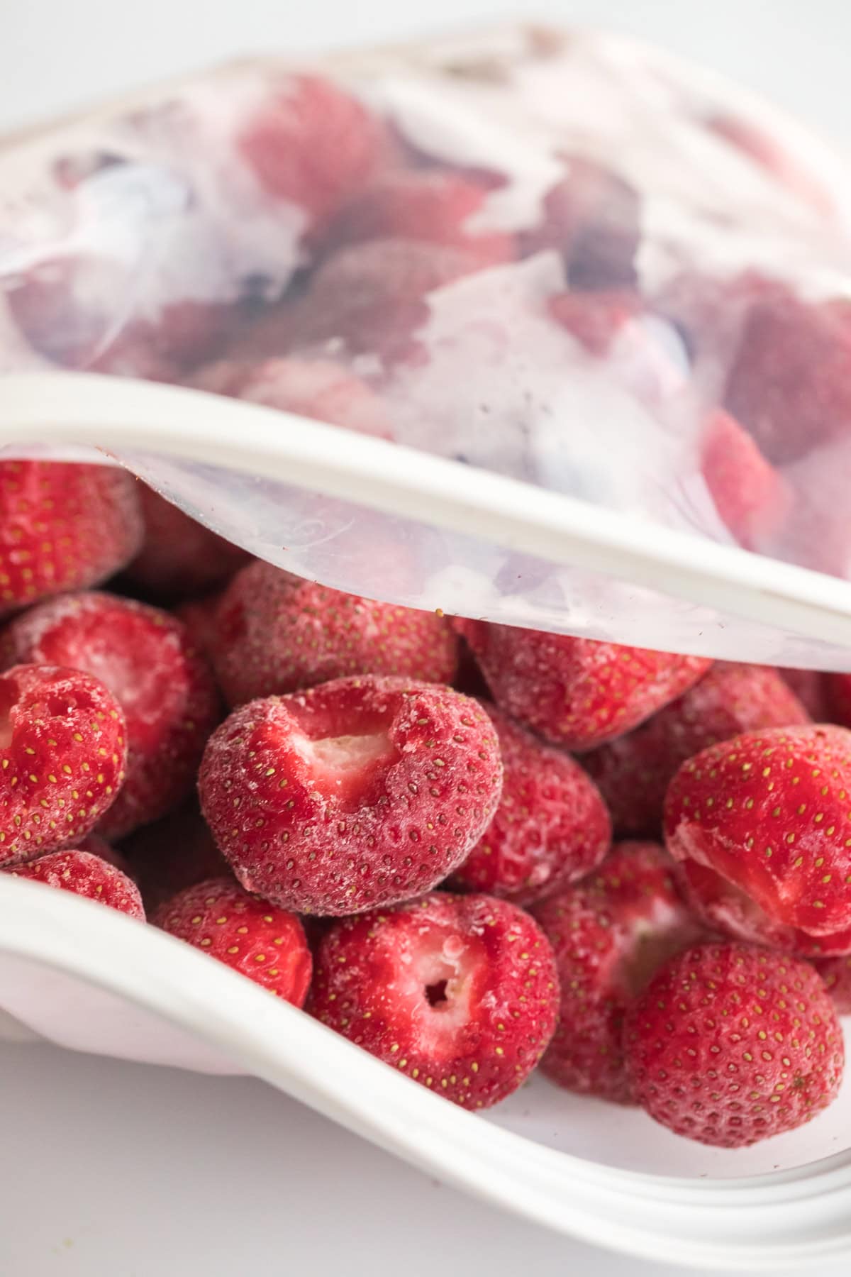 frozen strawberries in silicone bag for freezing.