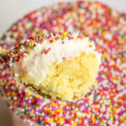viral sprinkle cake cups like dot cakes with nonpareils spoonful showing a bite from inside.