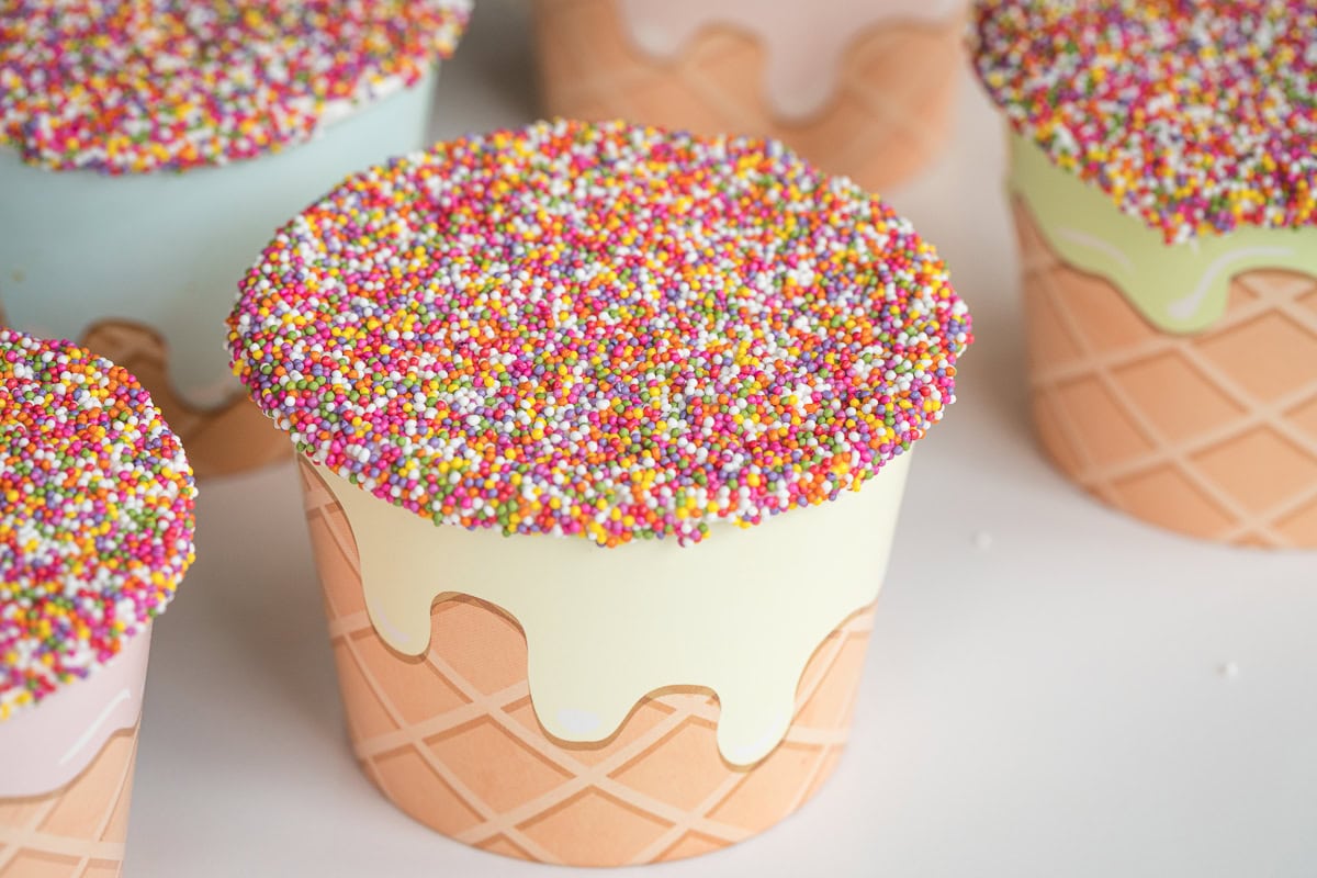 close up of viral sprinkle cake cups aka dot cake copycat.