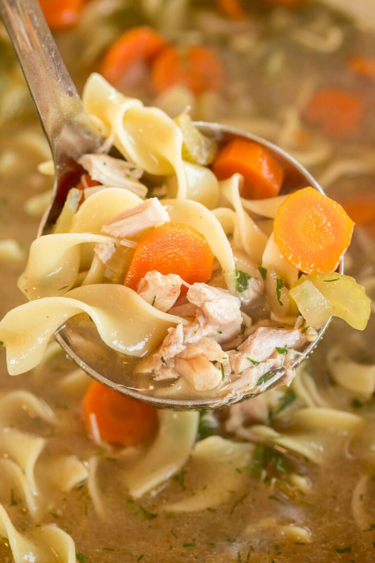 Slow cooker chicken noodle soup in a ladle with juicy chicken, vegetables, and tender egg noodles.