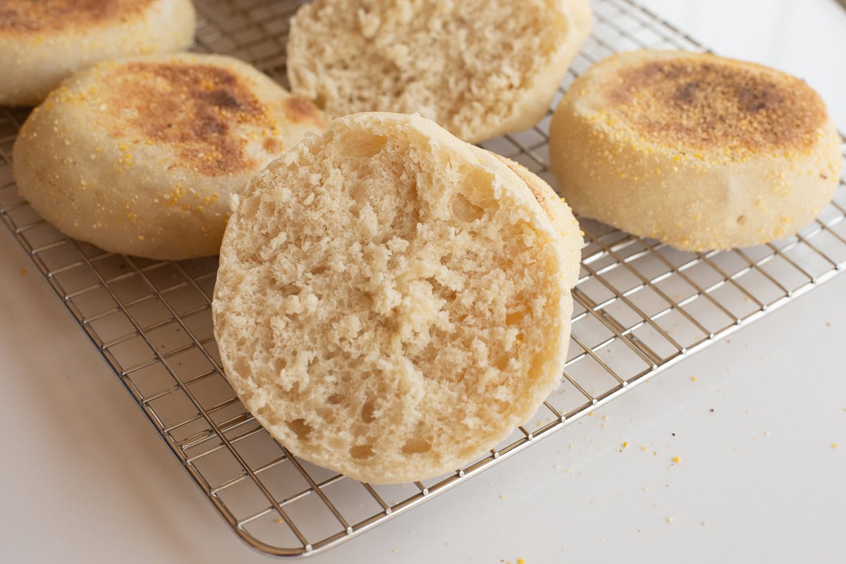 close up of inside of homemade english muffins to see the nooks and crannies.