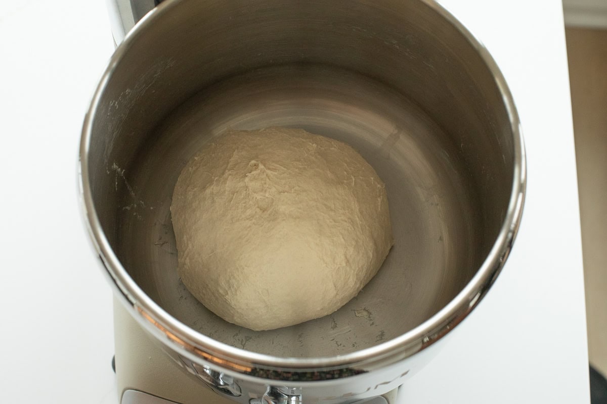 english muffins recipe in ankarsrum mixing bowl before proofing.