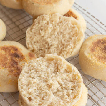 inside of homemade english muffins showing the nooks and crannies.