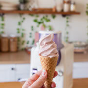 fresh strawberry soft serve with greenpan frost in the background.