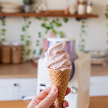 fresh strawberry soft serve with greenpan frost in the background.