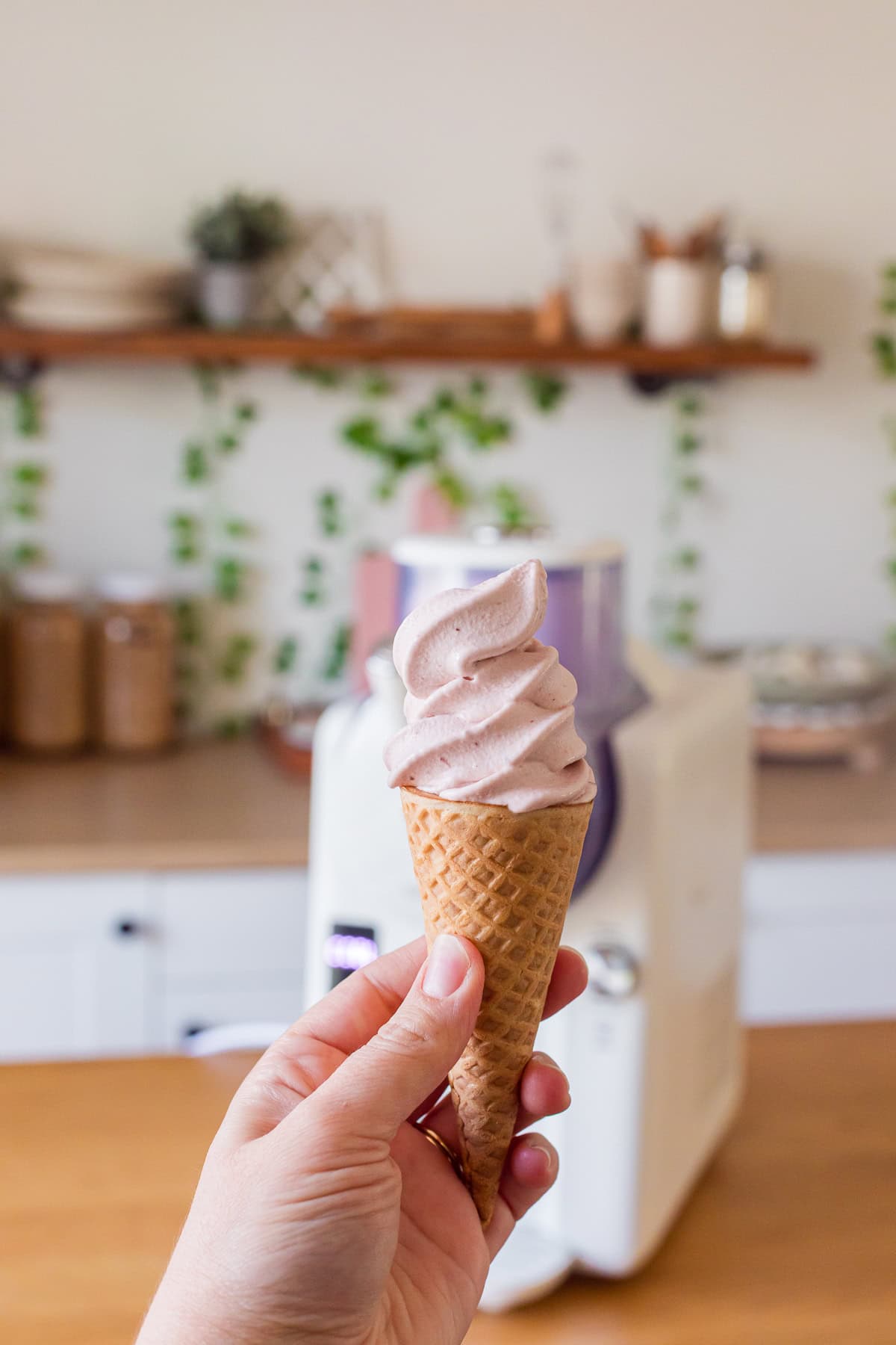 fresh strawberry soft serve with greenpan frost in the background.