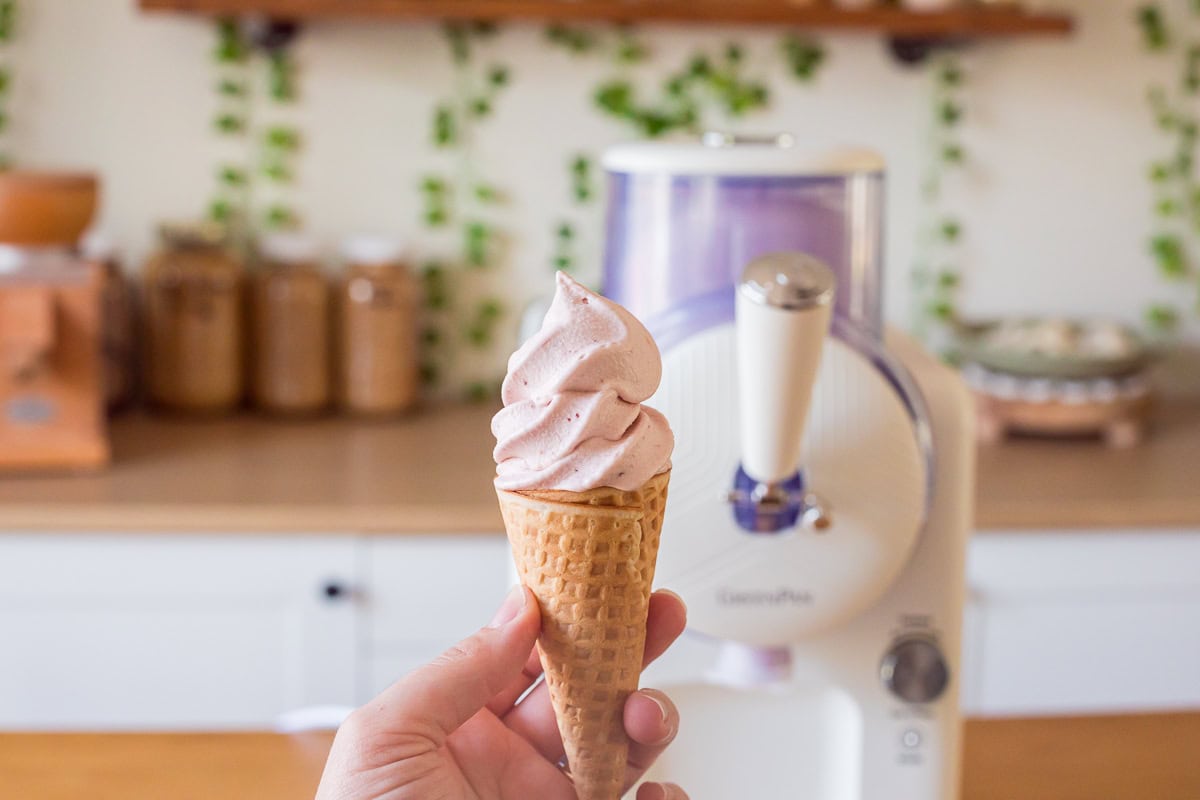strawberry soft serve with greenpan frost in the background.