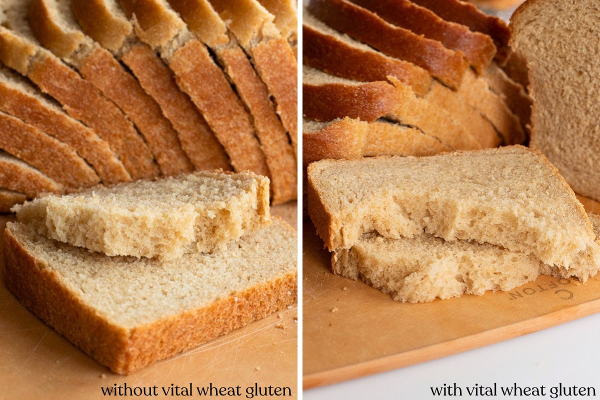 showing picture of close up texture of sliced piece of fresh milled flour bread recipe with and without vital wheat gluten.