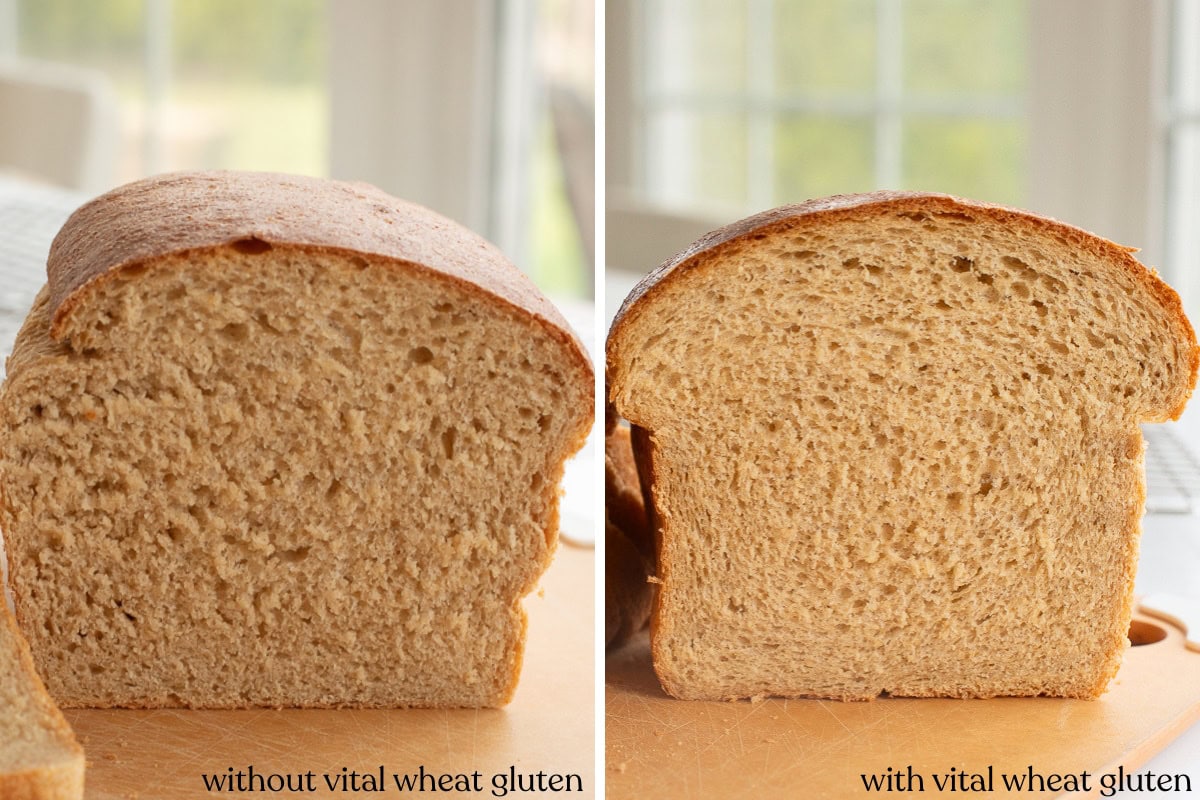 showing picture of half of loaf of fresh milled flour bread recipe with and without vital wheat gluten.