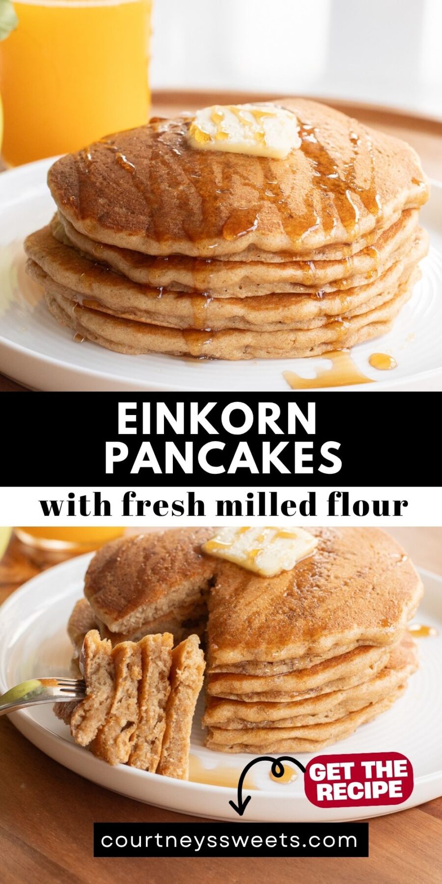 einkorn pancakes with butter and syrup and a bite shot to show texture, text on image for pinterest.