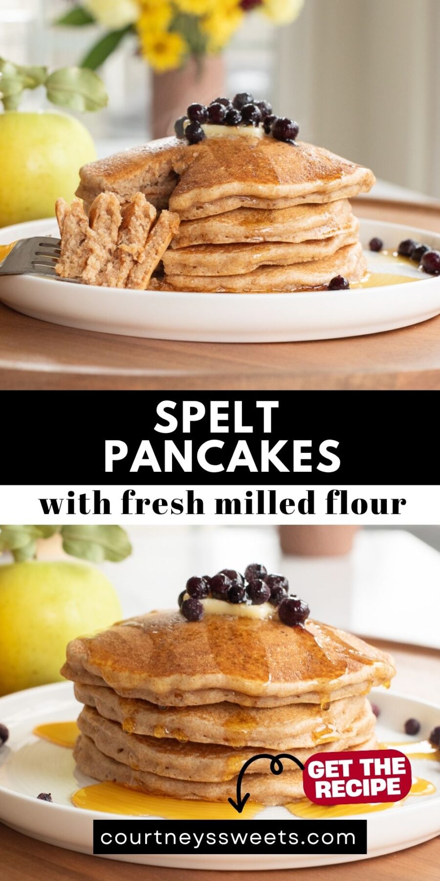 spelt pancakes with butter and syrup and a bite shot to show texture, text on image for pinterest.